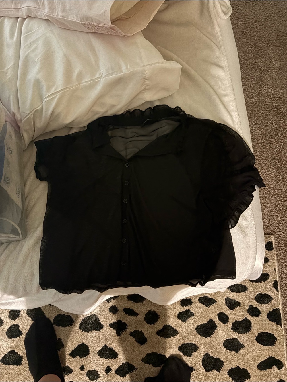 Black Sheer Short-Sleeve Button Front Blouse